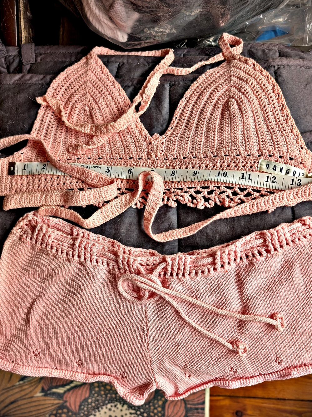 Pink Crochet Bikini Top and Knit Shorts Swim Coverup Set